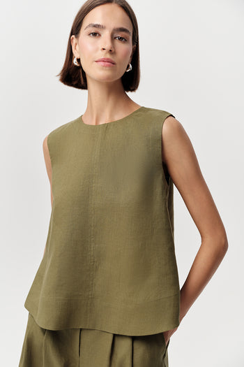 Bisiklet Yaka Kolsuz Arkası Düğmeli Regular Keten Haki Bluz