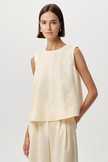 Bisiklet Yaka Kolsuz Arkası Düğmeli Regular Keten Tereyağı Bluz