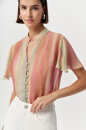 Kısa Kollu V Yakalı Düğme Detaylı Astarlı Regular Çok Renkli Bluz