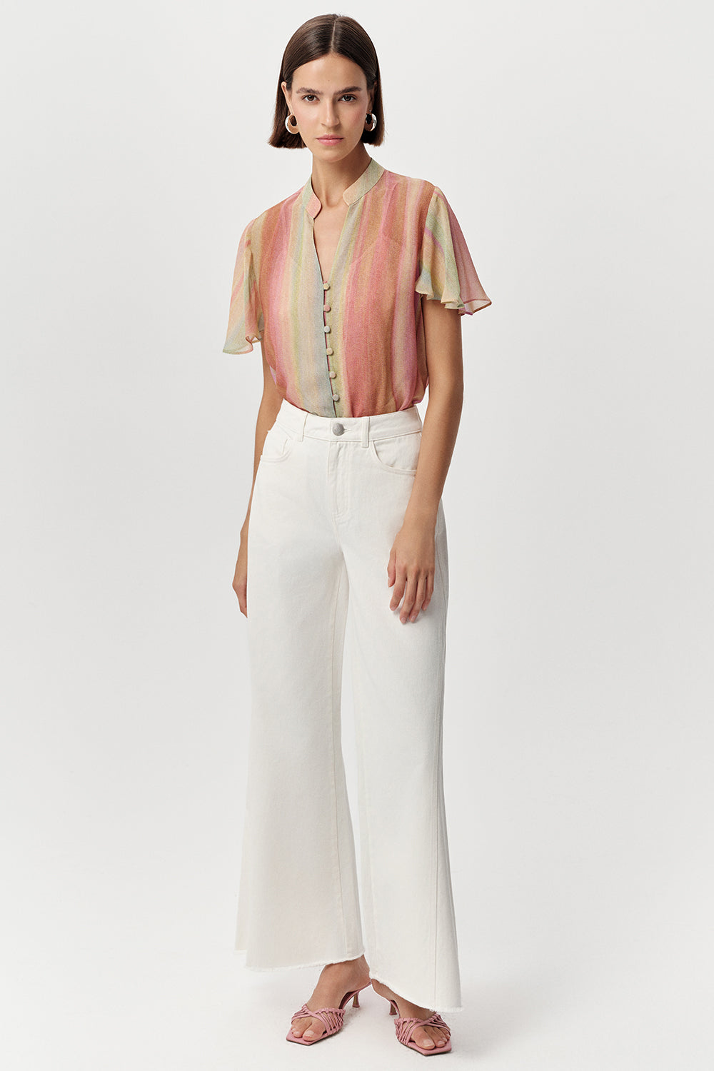 Kısa Kollu V Yakalı Düğme Detaylı Astarlı Regular Çok Renkli Bluz