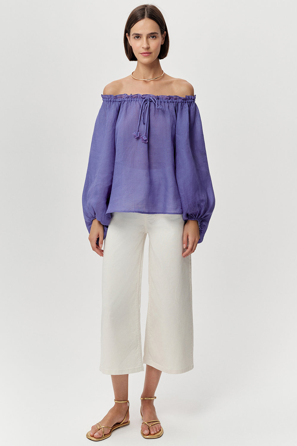 Uzun Kollu Yakası Bağcıklı Rami Keten Regular Peri Bluz