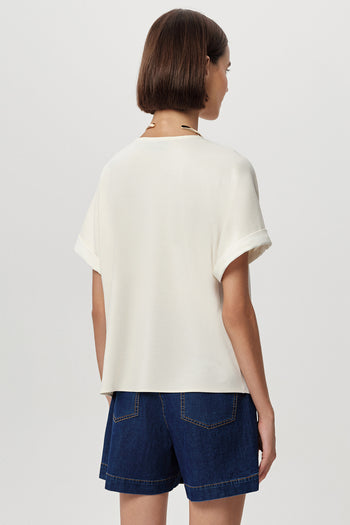 V Yaka Kısa Kollu Örme Detaylı Regular Ekru Bluz