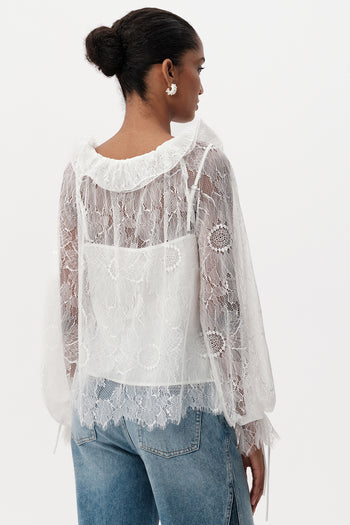 Uzun Kollu Yakası Bağcıklı Dantel Regular Ekru Bluz