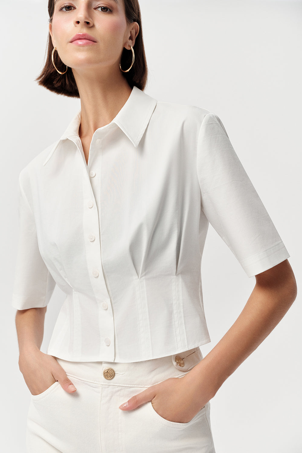 Kısa Kollu Bele Oturan Pileli Crop Regular Kemik Gömlek