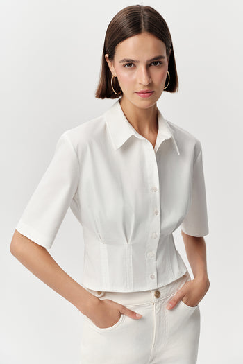 Kısa Kollu Bele Oturan Pileli Crop Regular Kemik Gömlek