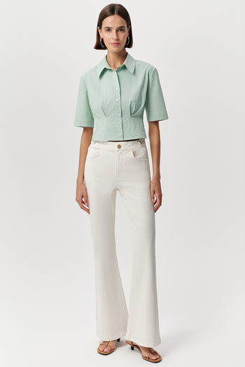 Kısa Kollu Bele Oturan Pileli Crop Regular Mint Gömlek