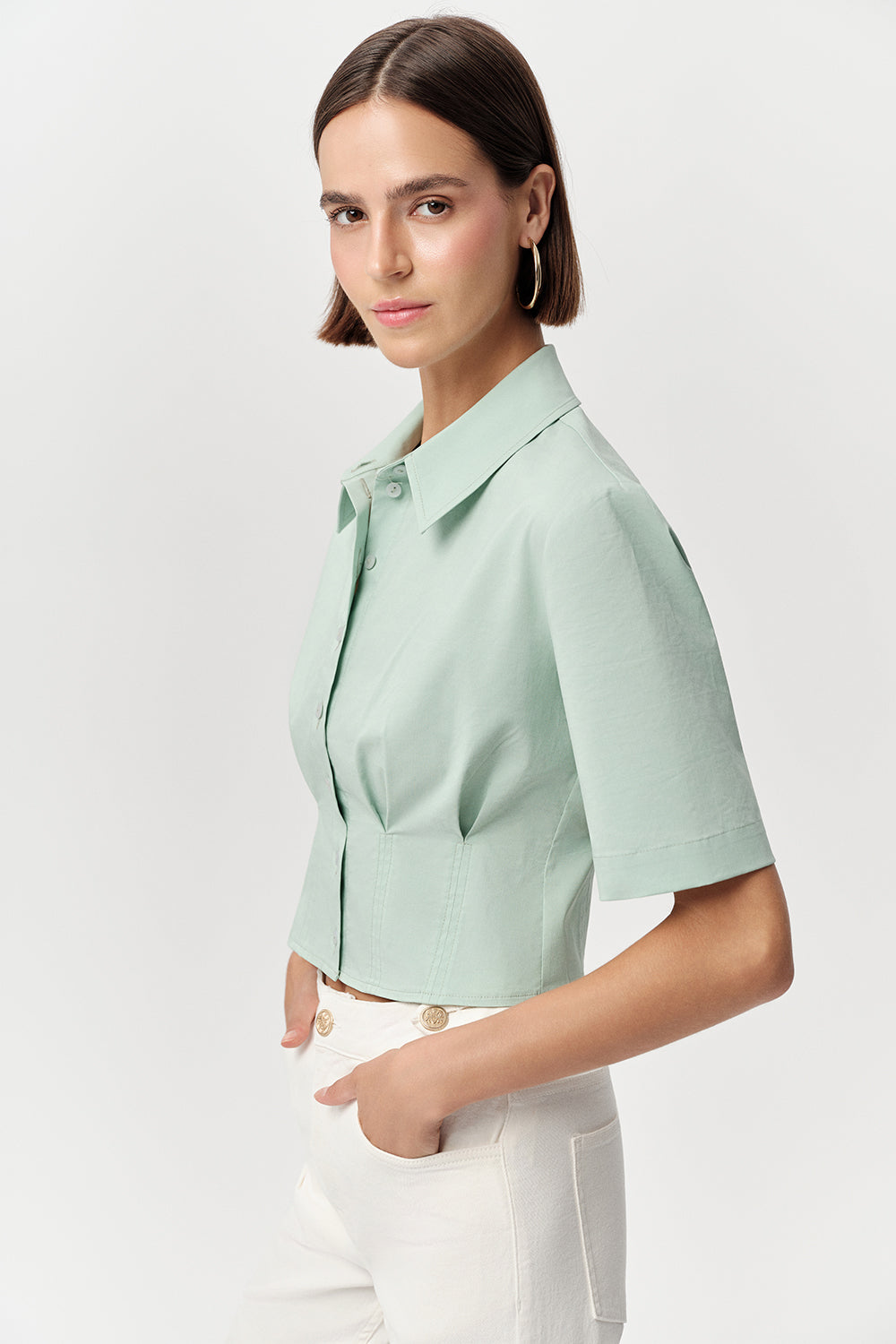 Kısa Kollu Bele Oturan Pileli Crop Regular Mint Gömlek