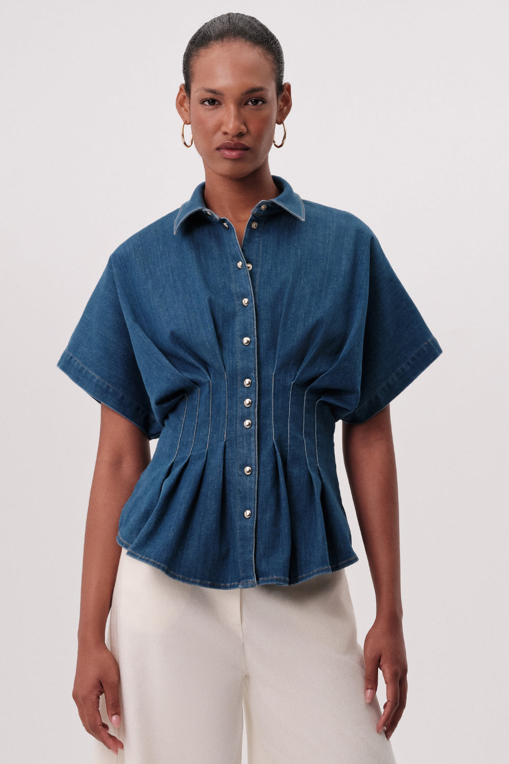 Gömlek Yaka Kısa Kollu Pileli Regular Denim Mavi Gömlek