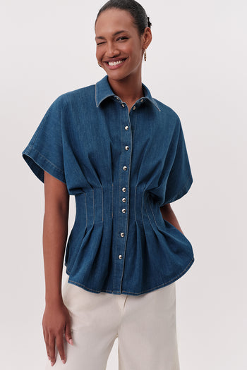 Gömlek Yaka Kısa Kollu Pileli Regular Denim Mavi Gömlek