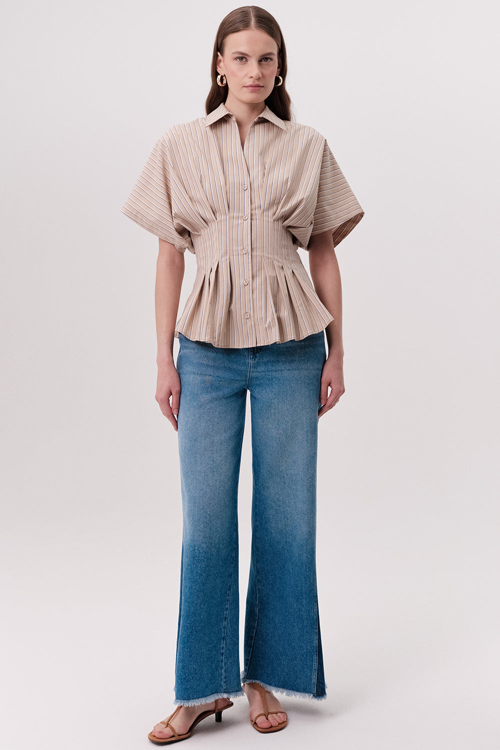 Gömlek Yaka Pileli Bele Oturan Çizgili Regular Çok Renkli Gömlek