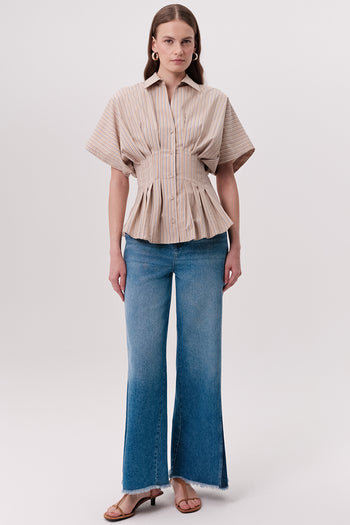 Gömlek Yaka Pileli Bele Oturan Çizgili Regular Çok Renkli Gömlek