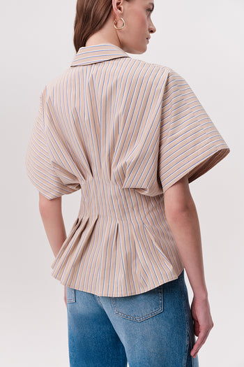 Gömlek Yaka Pileli Bele Oturan Çizgili Regular Çok Renkli Gömlek