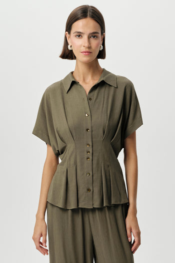Gömlek Yaka Bele Oturan Düğmeli Regular Krinkle Haki Gömlek