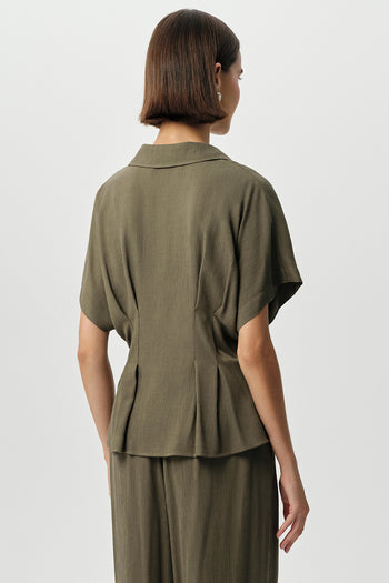 Gömlek Yaka Bele Oturan Düğmeli Regular Krinkle Haki Gömlek