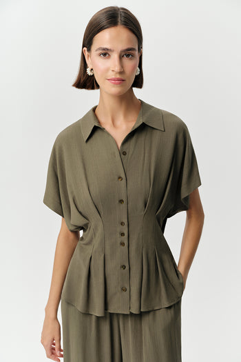 Gömlek Yaka Bele Oturan Düğmeli Regular Krinkle Haki Gömlek