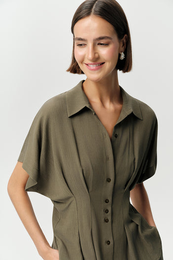 Gömlek Yaka Bele Oturan Düğmeli Regular Krinkle Haki Gömlek