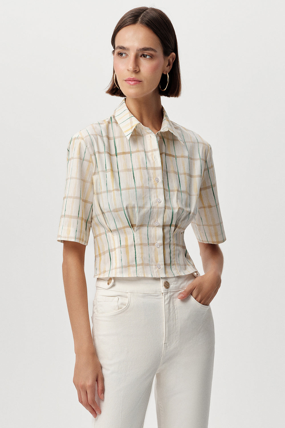 Kısa Kollu Bele Pile Detaylı Crop Regular Çok Renkli Gömlek