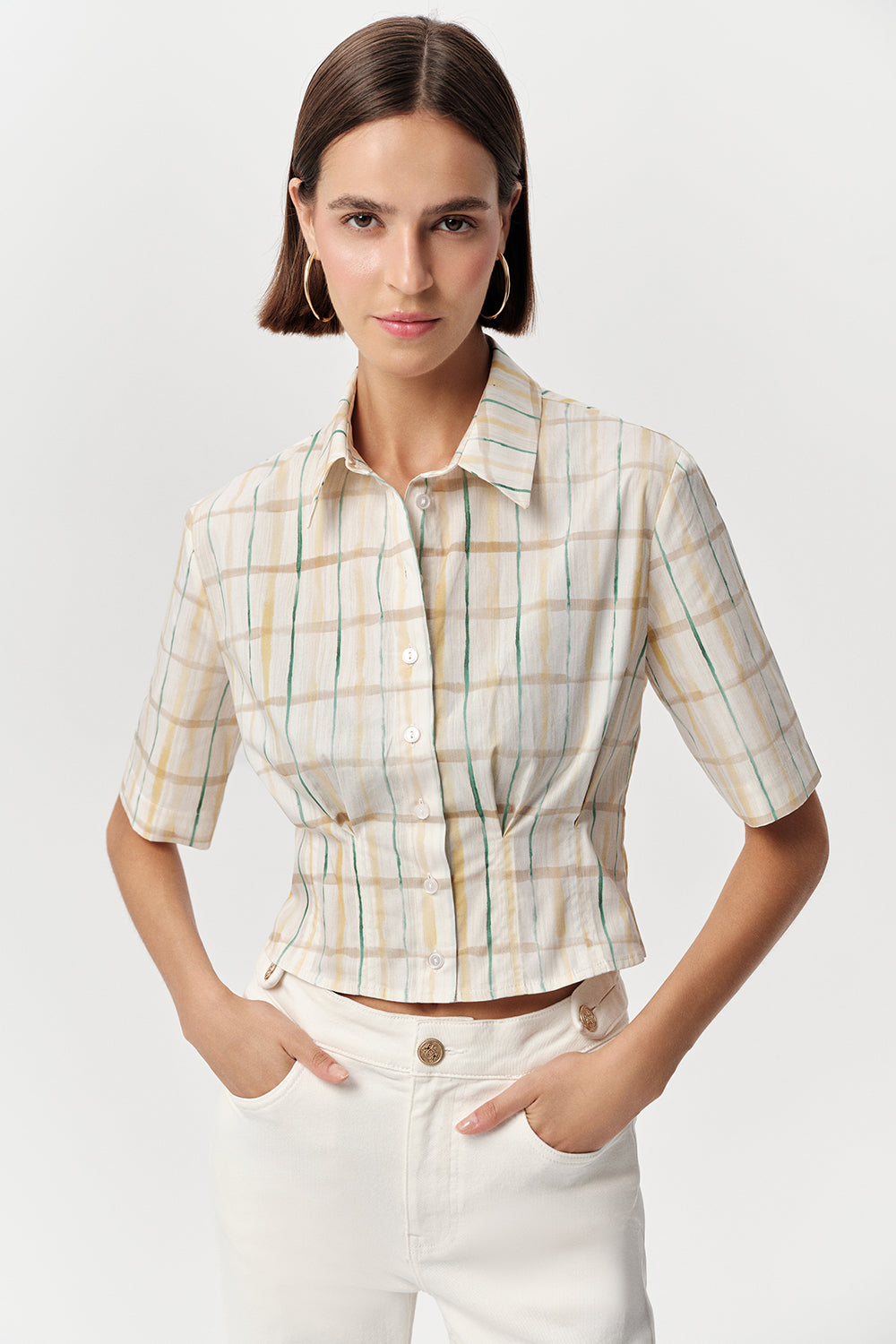 Kısa Kollu Bele Pile Detaylı Crop Regular Çok Renkli Gömlek