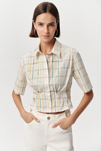 Kısa Kollu Bele Pile Detaylı Crop Regular Çok Renkli Gömlek