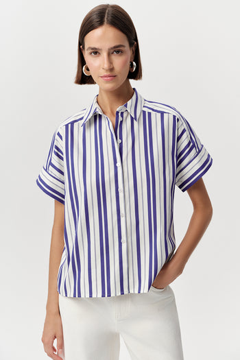 Gömlek Yaka Kısa Kollu Çizgili Regular Saks Kemik Gömlek