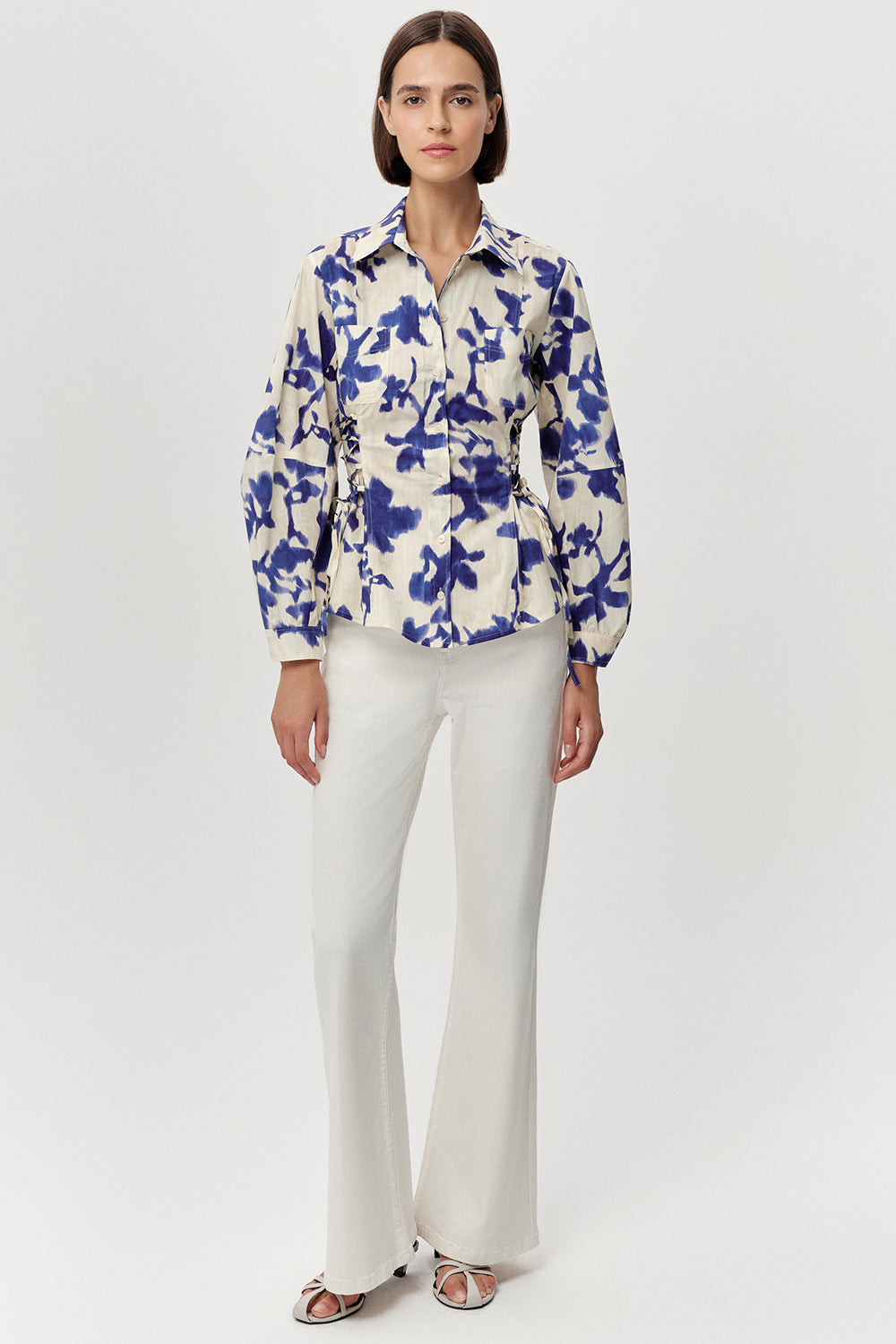 Gömlek Yaka Balon Kollu Bele Oturan Regular Krem Saks Gömlek