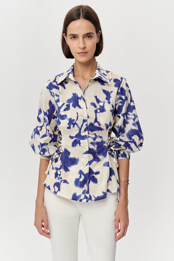 Gömlek Yaka Balon Kollu Bele Oturan Regular Krem Saks Gömlek