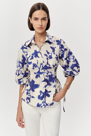 Gömlek Yaka Balon Kollu Bele Oturan Regular Krem Saks Gömlek