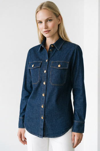 Gömlek Yaka Uzun Kollu Çıt Çıtlı Regular Denim Gömlek