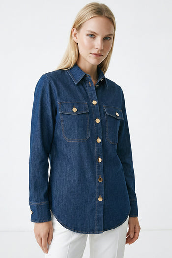 Gömlek Yaka Uzun Kollu Çıt Çıtlı Regular Denim Gömlek