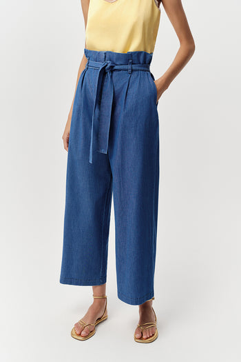 Yüksek Bel Fermuarlı Cepli Kuşaklı Regular Denim Mavi Pantolon