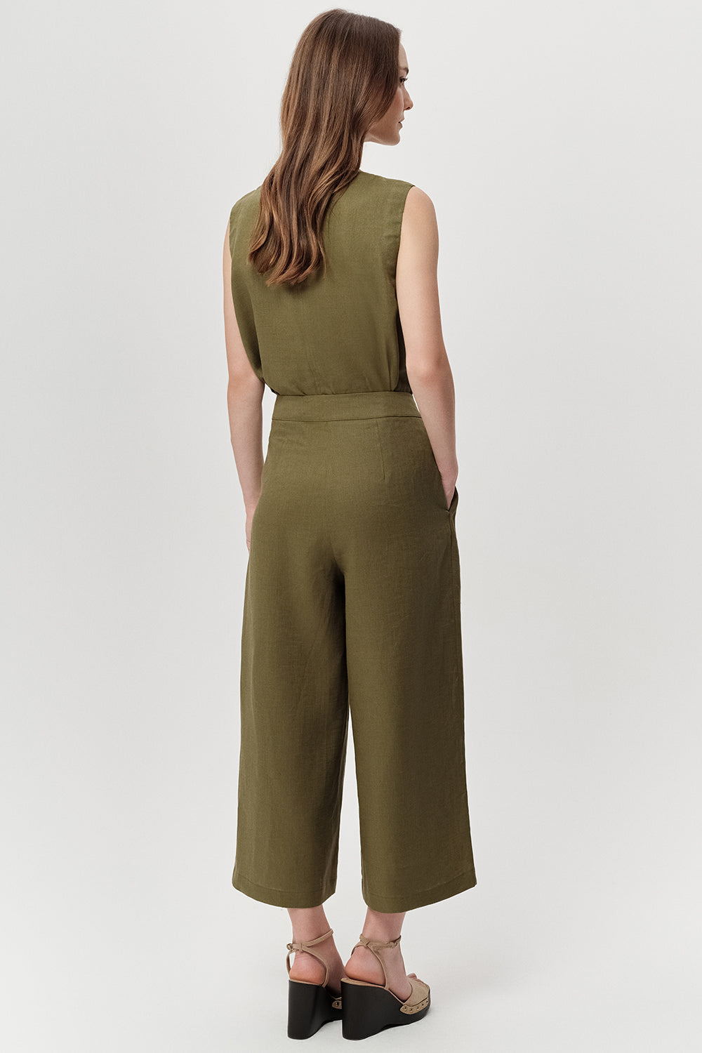 Cepli Fermuarlı Culotte Regular Keten Haki Pantolon