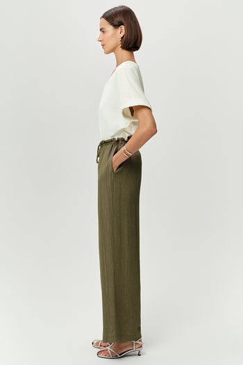 Beli Bağcıklı Cepli Geniş Paça Regular Dokuma Haki Pantolon
