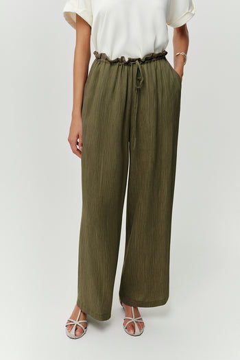 Beli Bağcıklı Cepli Geniş Paça Regular Dokuma Haki Pantolon