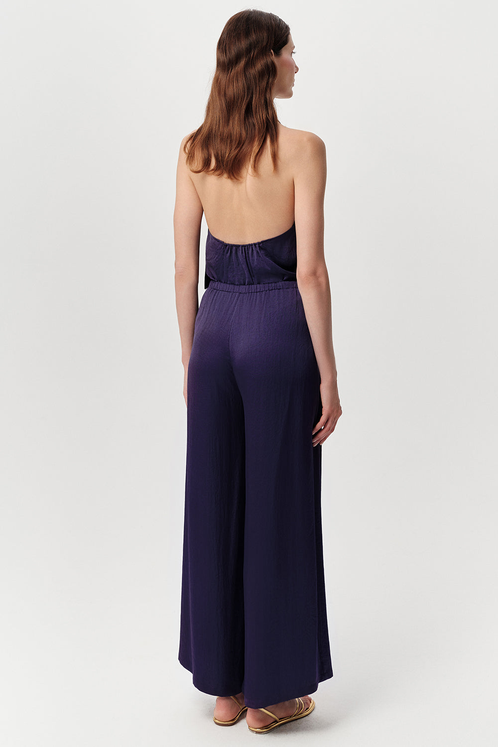 Geniş Paça Saten Görünümlü Beli Bağcıklı Regular Lacivert Pantolon