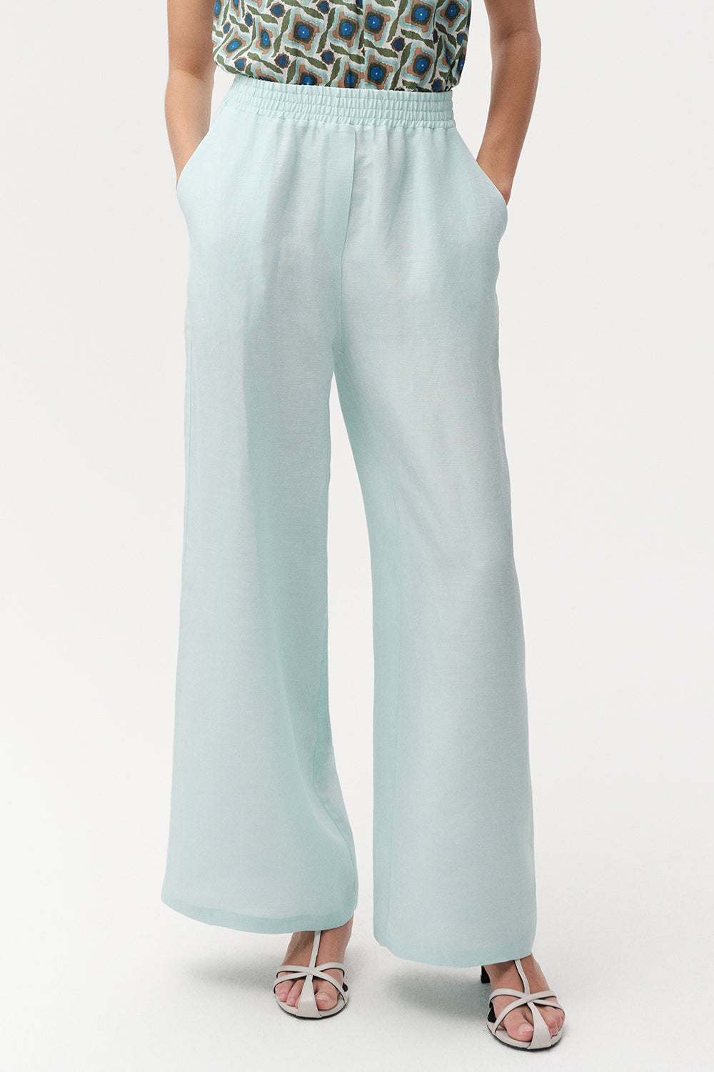 Beli Lastikli Cepli Keten Karışımlı Regular Turkuaz Pantolon