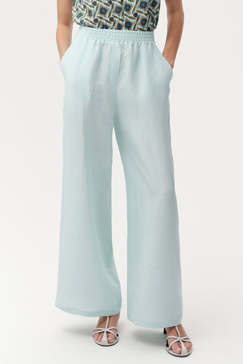 Beli Lastikli Cepli Keten Karışımlı Regular Turkuaz Pantolon
