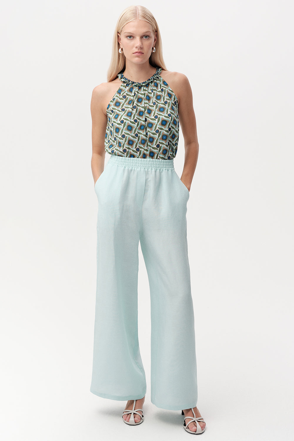 Beli Lastikli Cepli Keten Karışımlı Regular Turkuaz Pantolon