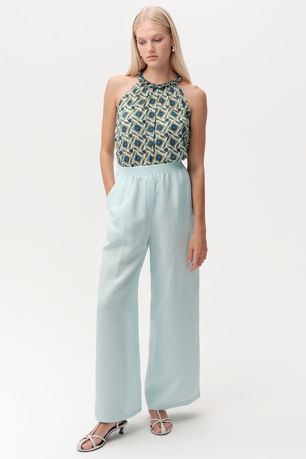 Beli Lastikli Cepli Keten Karışımlı Regular Turkuaz Pantolon