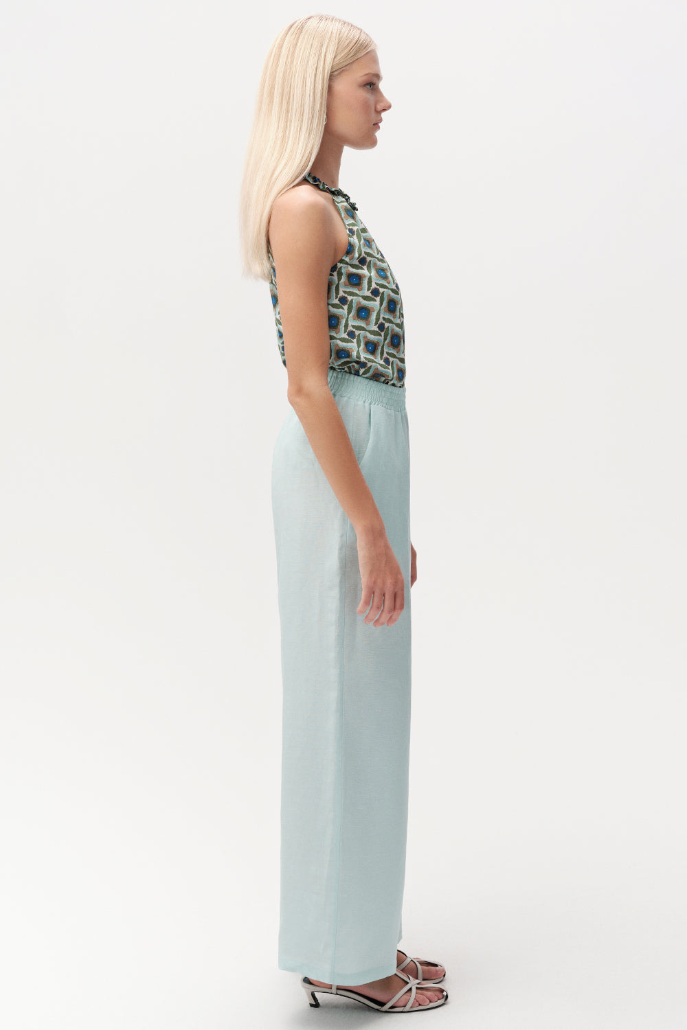 Beli Lastikli Cepli Keten Karışımlı Regular Turkuaz Pantolon