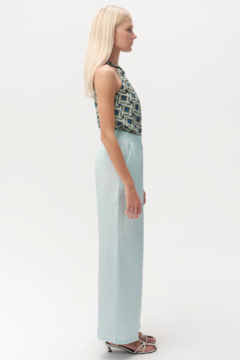 Beli Lastikli Cepli Keten Karışımlı Regular Turkuaz Pantolon