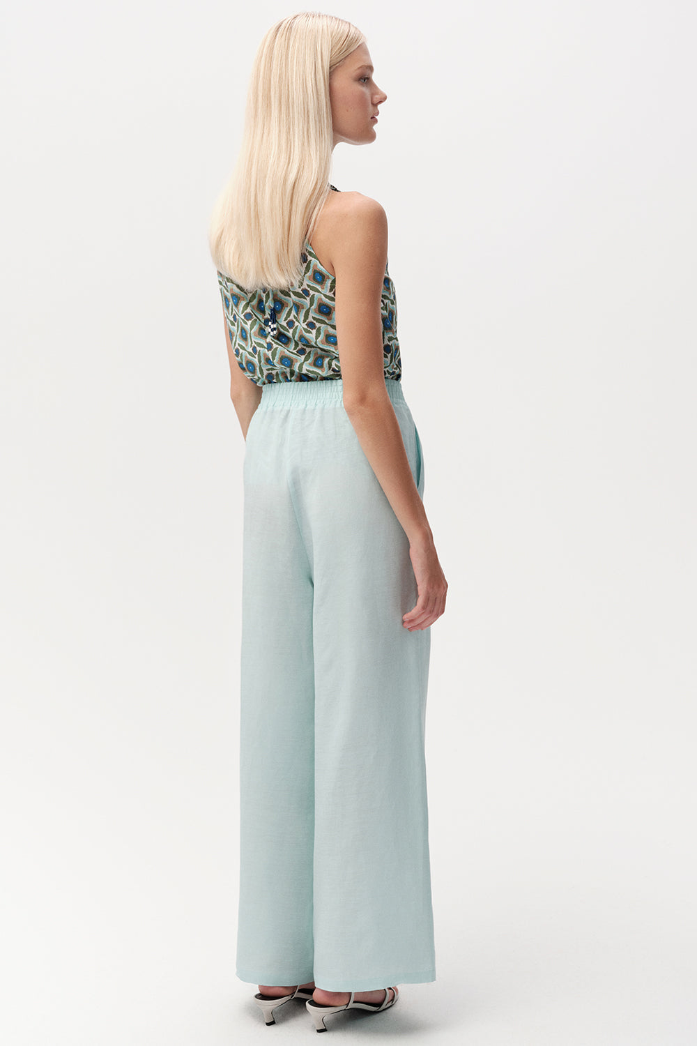 Beli Lastikli Cepli Keten Karışımlı Regular Turkuaz Pantolon