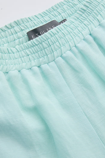 Beli Lastikli Cepli Keten Karışımlı Regular Turkuaz Pantolon