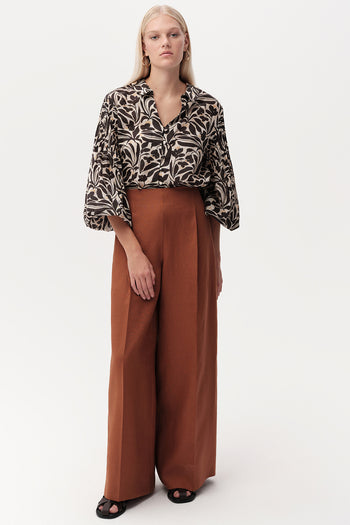 Beli Pileli Geniş Paça Cepli Keten Regular Taba Pantolon