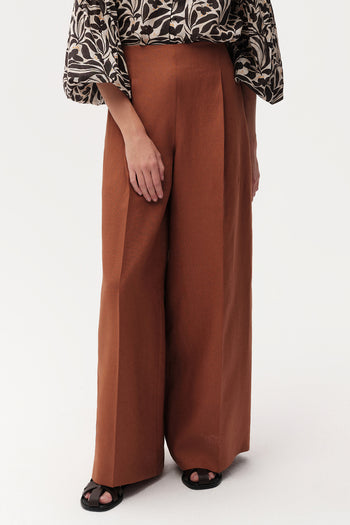 Beli Pileli Geniş Paça Cepli Keten Regular Taba Pantolon