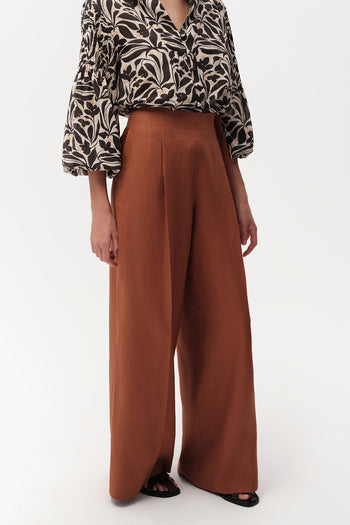 Beli Pileli Geniş Paça Cepli Keten Regular Taba Pantolon