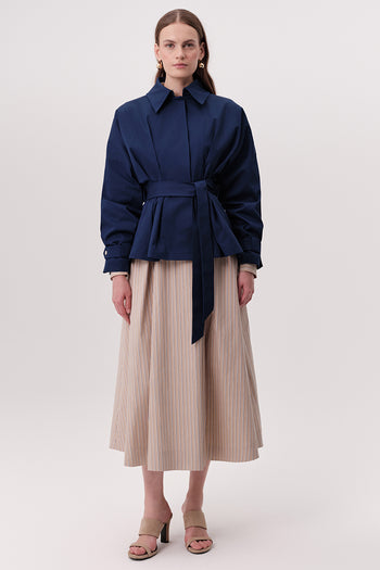 Pileli Ceket Yakalı Kuşaklı Cepli Regular Lacivert Trençkot