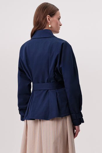 Pileli Ceket Yakalı Kuşaklı Cepli Regular Lacivert Trençkot