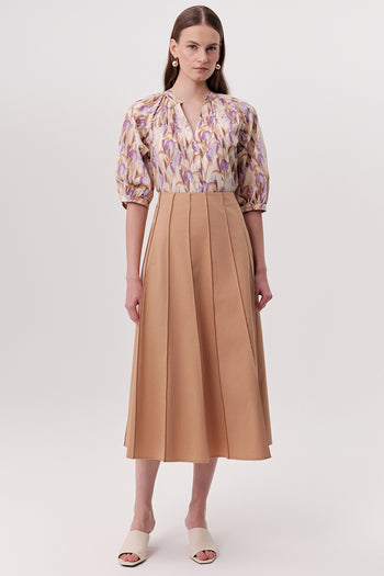 Bele Oturan Çok Parçalı Kloş Midi Camel Etek