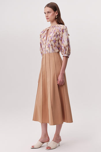 Bele Oturan Çok Parçalı Kloş Midi Camel Etek