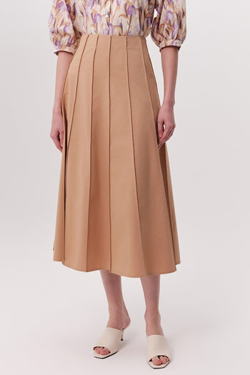 Bele Oturan Çok Parçalı Kloş Midi Camel Etek